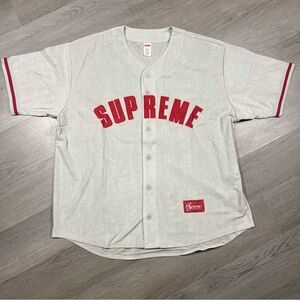 Supreme White Baseball Jersey with Red Logo and Sleeve Trim